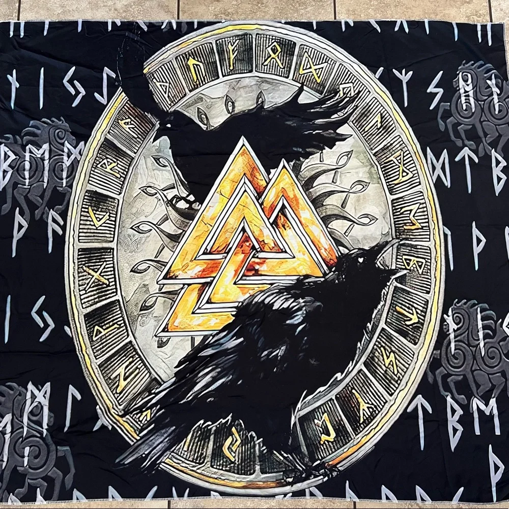 Black and Gold Crow Nordic Ruins Norse Mythology Tapestry